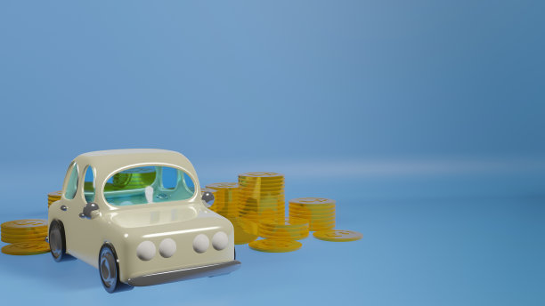 汽车玩具和金币上的蓝色背景3d渲染图片下载