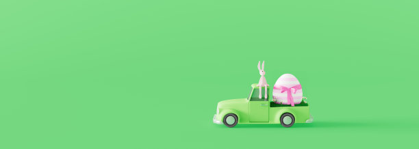 可爱的复活节兔子坐在绿色的汽车上，拿着五颜六色的复活节彩蛋。复活节假期概念绿色背景3d渲染图片下载