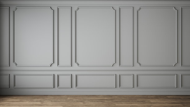 现代古典灰色空内饰与墙板成型和木地板。3d渲染插图模拟。图片下载
