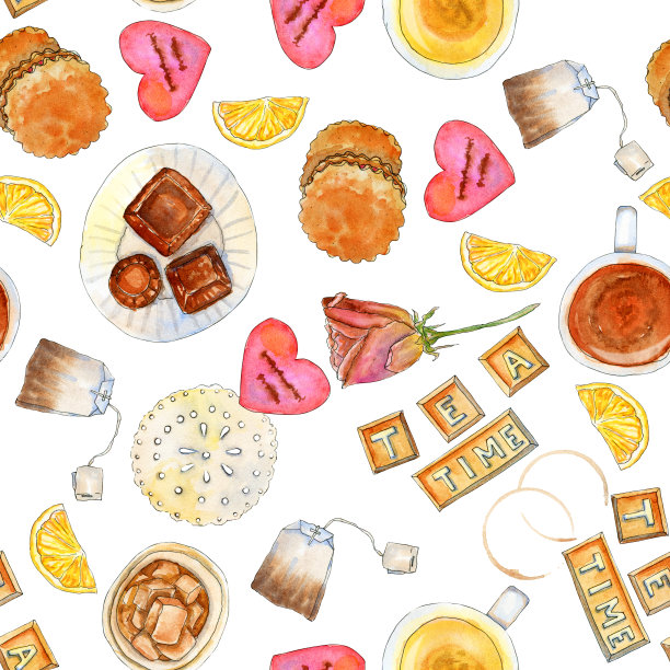 水彩茶时间无缝图案与白色背景图片下载