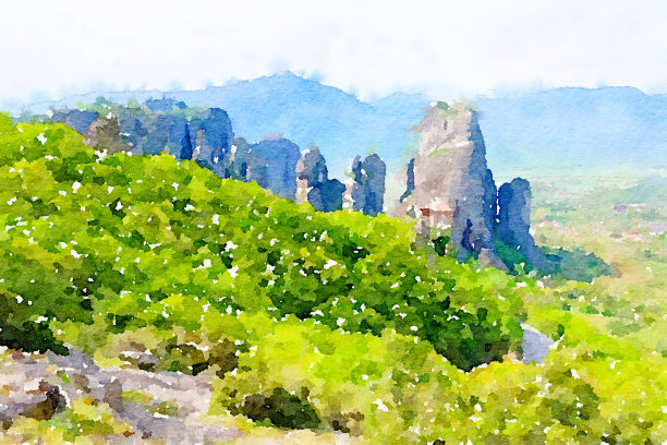 希腊卡拉姆巴卡世界文化遗产米特拉神庙的水彩画。图片下载