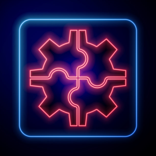发光的霓虹灯齿轮图标孤立在蓝色背景图片下载