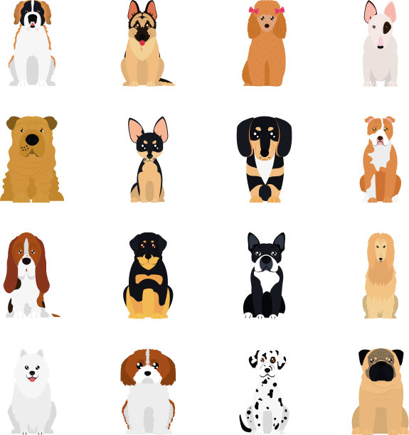 卡通哈巴狗和狗的图标设置扁平风格图片下载