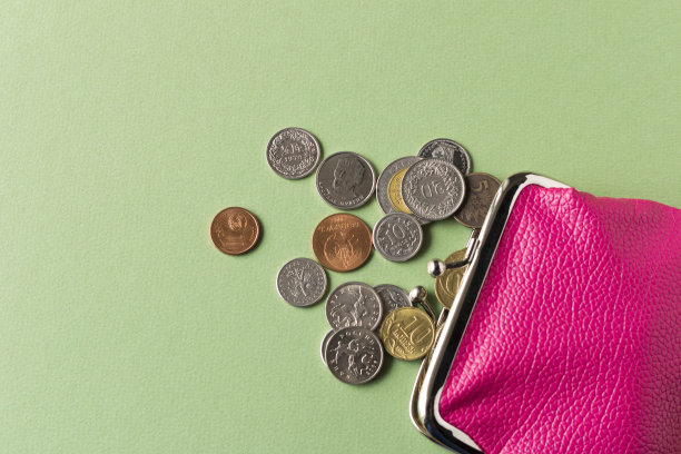 有绿色背景硬币的钱包。关闭了。有选择性的重点。贫穷的概念。图片下载