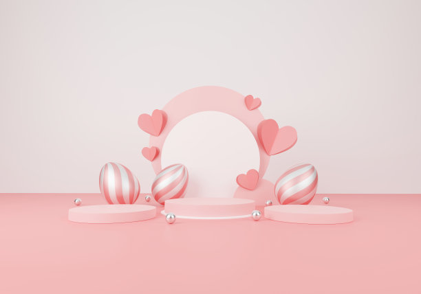 复活节快乐概念。最小场景与几何形式。圆柱裙台展示和复活节，银色球或模型的产品在粉红色的背景。空间的文本。三维演示图片下载