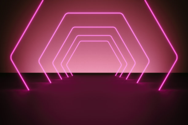 现代的空白抽象背景被粉红色矩形弯曲霓虹灯/框架照亮，以递减的视角，80年代的复古风格图片下载