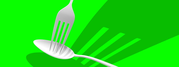 勺子和叉子的绿色背景设计的餐厅，咖啡馆，披萨店。极简设计的厨房勺子和叉子的广告目的。3D渲染，3D渲染。图片下载