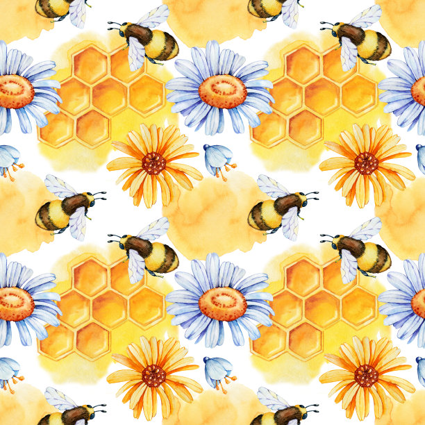数码纸无缝花纹有蜂蜂、大黄蜂、蜂蜜、大田草本、洋甘菊、金盏花。手绘水彩插图孤立的白色背景图片下载