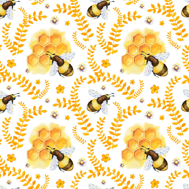 数码纸无缝花纹有蜂蜂、大黄蜂、蜂蜜、大田草本、洋甘菊、金盏花。手绘水彩插图孤立的白色背景图片下载