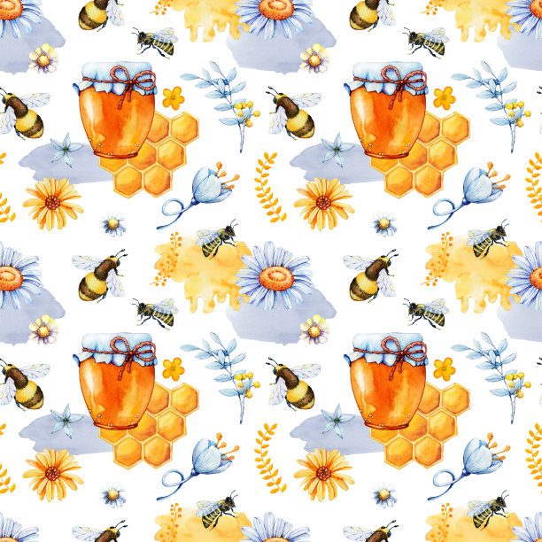 数码纸无缝花纹有蜂蜂、大黄蜂、蜂蜜、大田草本、洋甘菊、金盏花。手绘水彩插图孤立的白色背景图片下载