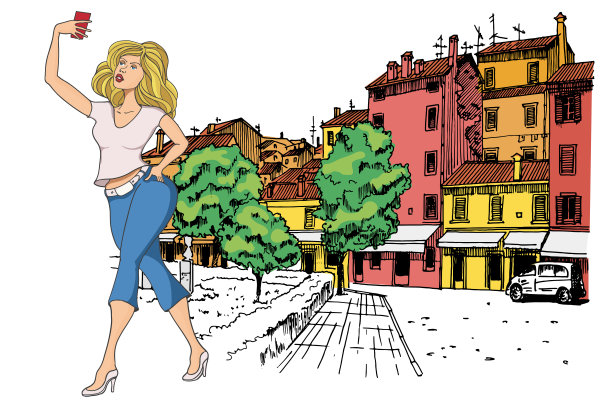 布拉格女孩游客自拍。背景是地中海小镇罗维尼。克罗地亚。图片下载