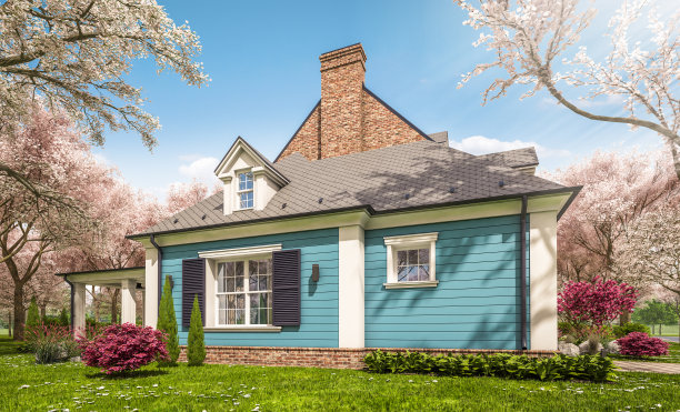 3d渲染的现代古典住宅在春天的一天殖民风格图片下载