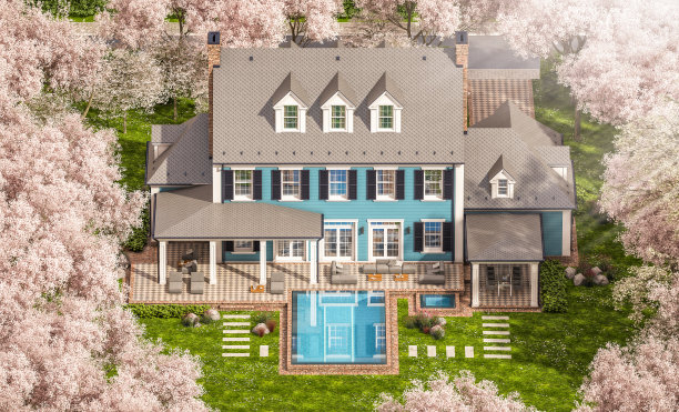3d渲染的现代古典住宅在春天的一天殖民风格图片下载