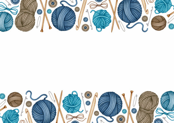 水彩编织和钩编工具框架。采购产品木制的编织针，钩针钩，纱线绞，羊毛球，纽扣。手绘背景，边框。刺绣的主题。图片下载