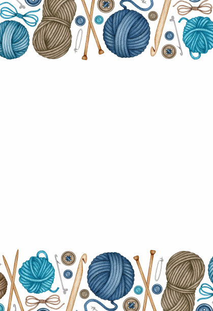 水彩编织和钩编工具框架。采购产品木制的编织针，钩针钩，纱线绞，羊毛球，纽扣。手绘背景，边框。刺绣的主题。图片下载