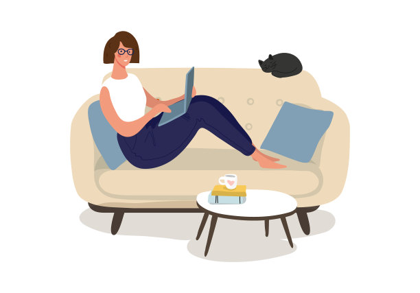 一个女人坐在沙发上，手里拿着笔记本电脑图片下载