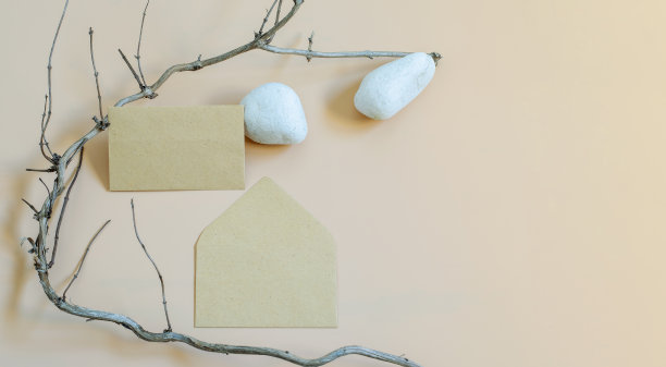 品牌模型模板与信封空白，白色石头和干树早午餐作为自然元素中性米色背景。横幅照片与复制空间，俯视图，时尚的设计。图片下载