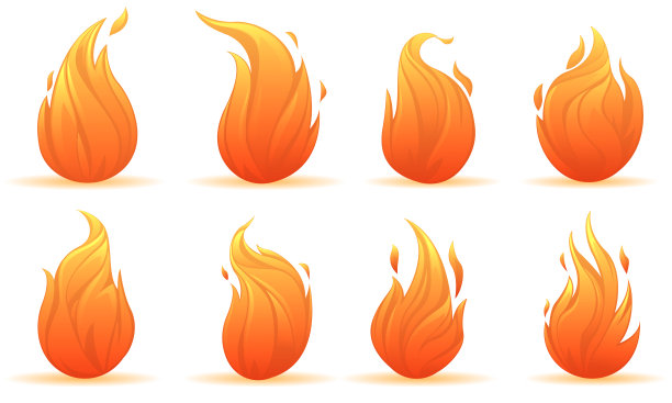 卡通篝火孤立在白色的背景。一组形状各异的篝火的火焰。矢量图图片下载