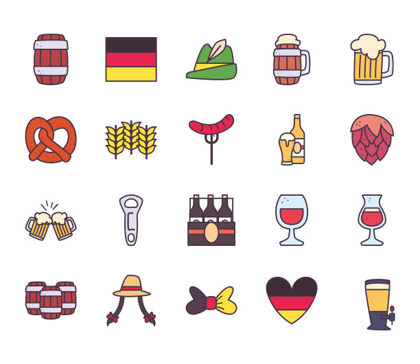 慕尼黑啤酒节线和填充样式包图标图片下载