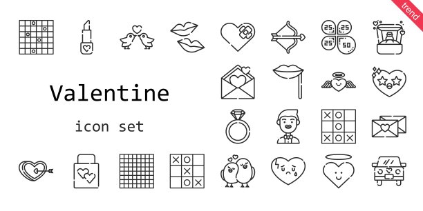 情人节的图标集。行图标风格。与情人节有关的偶像有:新郎、订婚戒指、结婚礼物、戒指、破碎的心、口红、吻、花瓣、心、结婚车、丘比特、嘴唇、爱情鸟、tac - toe、情书图片下载