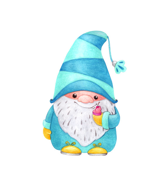 拿着小蛋糕的有趣的斯堪的纳维亚侏儒。图片下载