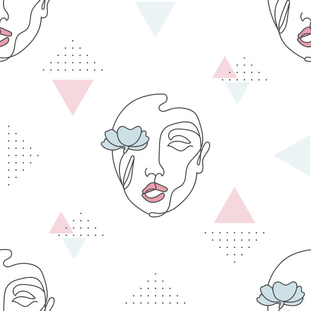 面线艺术无缝图案。在线条艺术风格中手绘抽象女人的脸。一种线条艺术脸部抽象画。手绘轮廓无缝模式。连续线条，适合纺织印花。图片下载