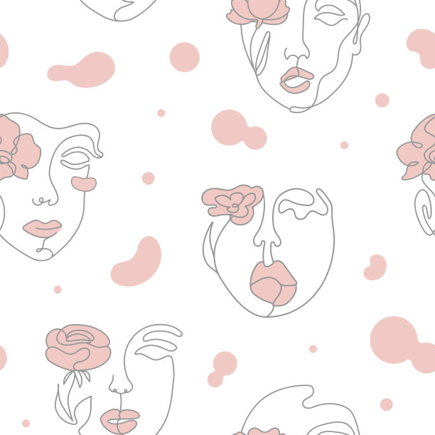 面线艺术无缝图案。在线条艺术风格中手绘抽象女人的脸。一种线条艺术脸部抽象画。手绘轮廓无缝模式。连续线条，适合纺织印花。图片下载