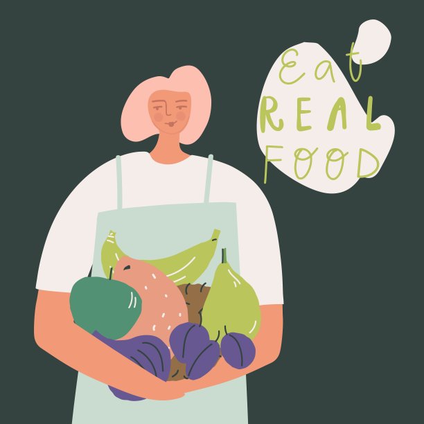 水果的女人。生态产品，天然有机和素食食品，正念饮食概念矢量插图图片下载