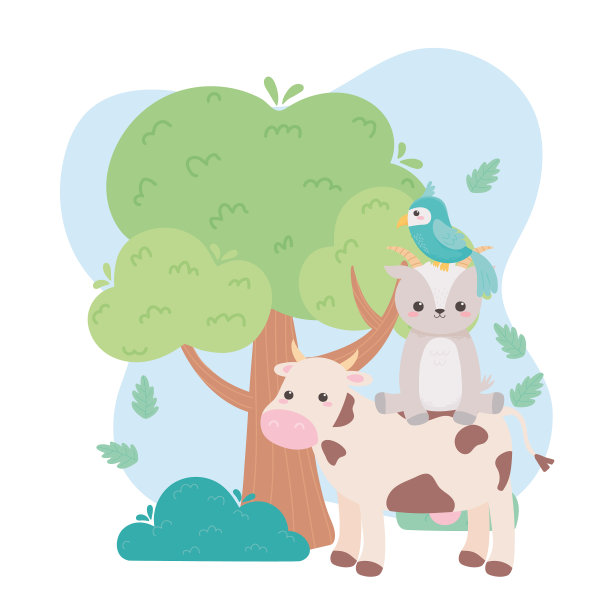 可爱的牛与山羊和鹦鹉的树叶卡通图片下载