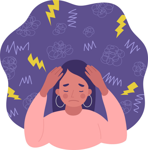 女人的肖像与挫折，抑郁，精神压力，悲伤，头痛，头痛和负面情绪。女孩用手捂着头。平面矢量插图和背景。图片下载