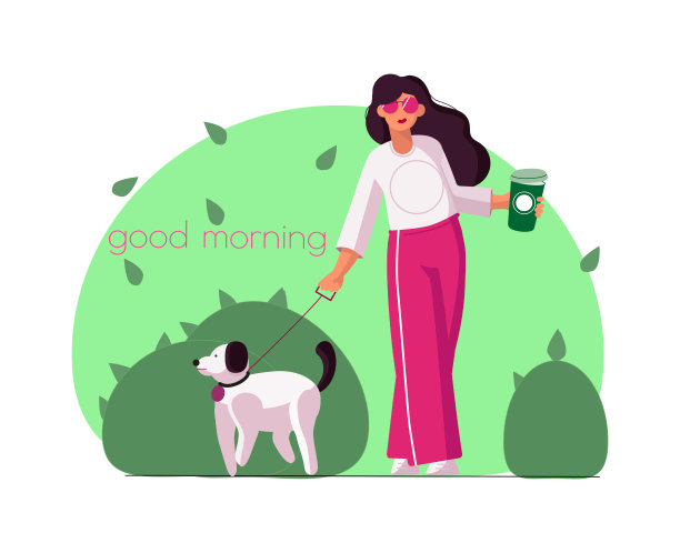 带着狗和咖啡散步的快乐女孩图片下载