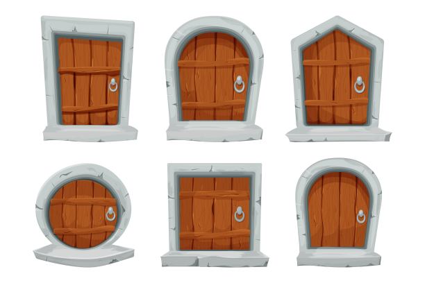 设置木门与石材装饰，拱形卡通风格孤立在白色背景。精灵、神秘封闭入口、用于ui游戏设计的中世纪元素资产。图片下载