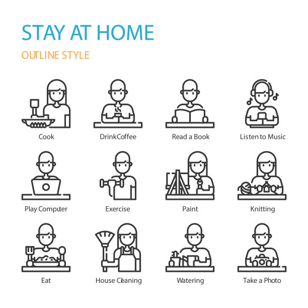 呆在家里的大纲图标和符号集图片下载