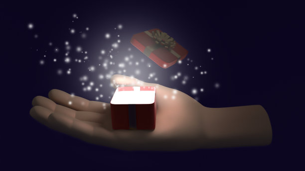 黑暗中的手会给人礼物。打开的礼品盒发出的神奇光芒。图片下载