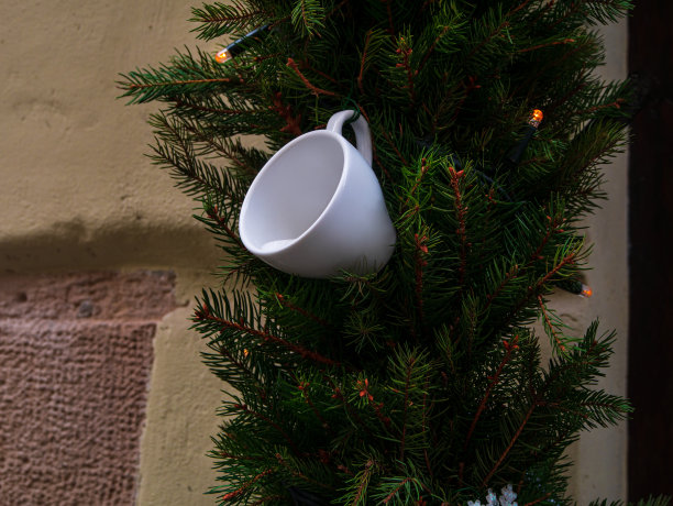 咖啡烘焙店在市中心的冬天装饰。绿色的天然冷杉树枝和白色的杯子灯在咖啡馆正面。图片下载