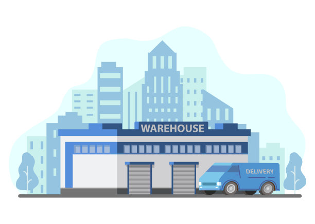 仓库建筑，仓库运货车。城市天际线的摩天大楼。图片下载