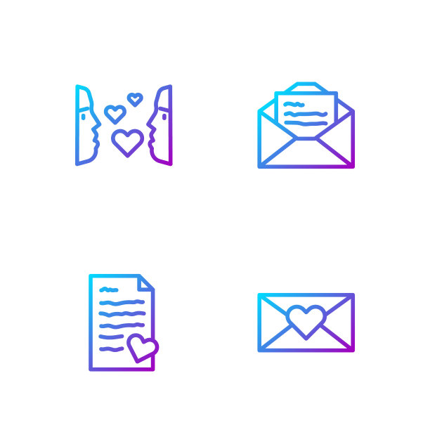 集情人节心意、一见钟情和贺卡于一体的信封。渐变颜色图标。向量图片下载