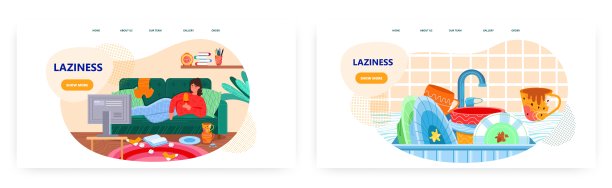 懒惰登陆页面设计，网站横幅矢量模板。慵懒的女人躺在凌乱的房间的沙发上。拖延症。图片下载