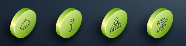 设置等距线覆盖托盘，酒杯，夫妇爱和糖果图标。向量图片下载