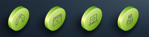 设定等距线爱情磁铁，日历与心，在线约会应用程序和巧克力糖果图标。向量图片下载