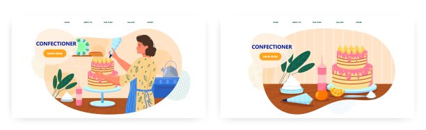 糖果登陆页面设计，网站横幅矢量模板集。女面包师烹饪和装饰生日蛋糕。图片下载