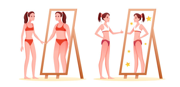 厌食症进食障碍概念矢量插图。爱自己，接受概念矢量插图。美丽的女士爱她的身体孤立在白色。图片下载