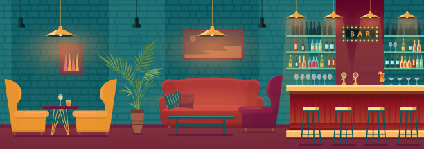酒吧酒吧内部矢量插图。空的现代吧台与桌子，休息室和咖啡师板，架子上的酒精饮料酒瓶，在夜总会，咖啡馆或餐厅的背景。图片下载