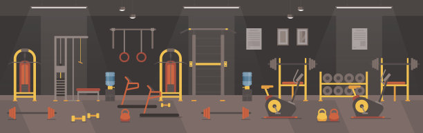 卡通体育俱乐部或健身中心的健身房配有跑步机，自行车设备，金属哑铃和杠铃凳进行重量运动锻炼。体育馆内部矢量插图。图片下载