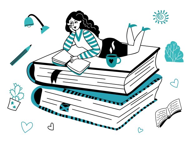 读书的女孩。少妇读书，提纲文字捧书。学生学习，涂鸦放松或新知识象样向量概念图片下载