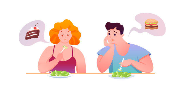 可悲的胖子吃着绿色沙拉，梦想着不健康的食物图片下载