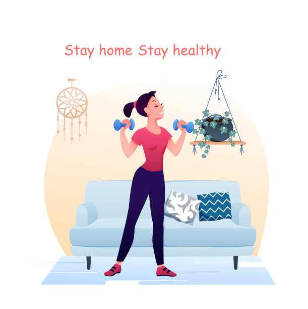 年轻漂亮的女人在家里用哑铃做运动。冠状病毒爆发的概念背景。居家隔离健康运动锻炼载体说明。图片下载