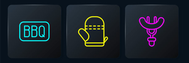 烤肉，香肠，叉子和烤箱手套。黑色方形按钮。向量图片下载