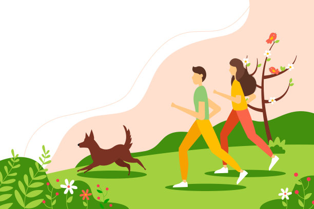 男人和女人在春天的公园里遛狗。可爱的矢量插图在平面风格。图片下载