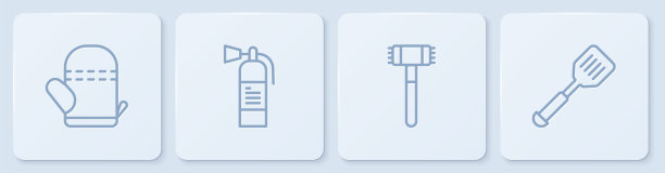 烤箱手套，厨房锤子，灭火器和抹刀。白色正方形按钮。向量图片下载